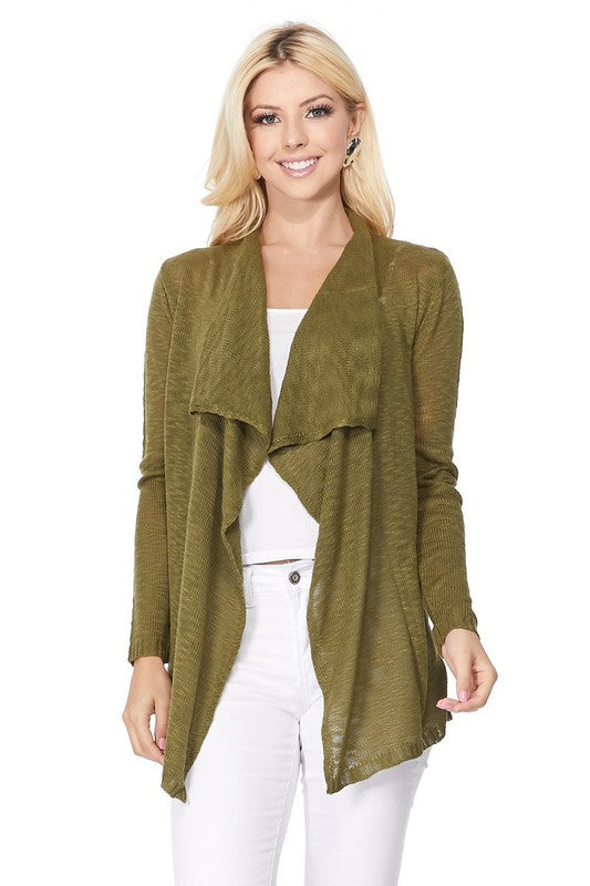 Draped Collar, Drape Front Sweater Cardigan- Length: 26-27"- Across Shoulder: 13-14"- Sleeve Length: 23.25-23.75"- Draped Collar and Open Front Sweater Cardigan- Quality 100% Acrylic Slub Yarn- Perfect for La