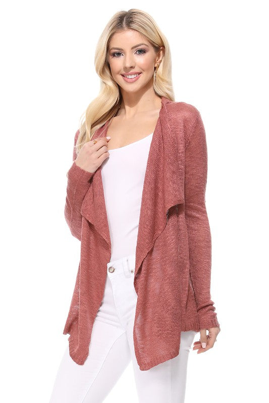 Draped Collar, Drape Front Sweater Cardigan- Length: 26-27"- Across Shoulder: 13-14"- Sleeve Length: 23.25-23.75"- Draped Collar and Open Front Sweater Cardigan- Quality 100% Acrylic Slub Yarn- Perfect for La