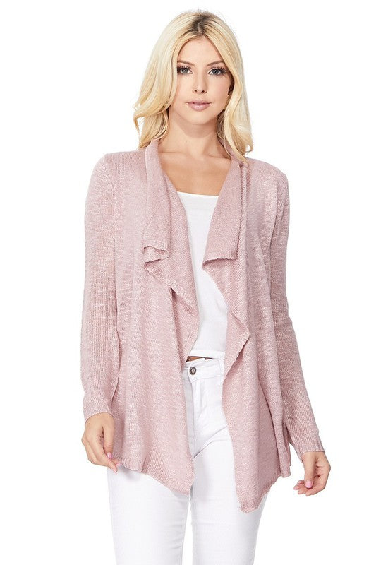 Draped Collar, Drape Front Sweater Cardigan- Length: 26-27"- Across Shoulder: 13-14"- Sleeve Length: 23.25-23.75"- Draped Collar and Open Front Sweater Cardigan- Quality 100% Acrylic Slub Yarn- Perfect for La