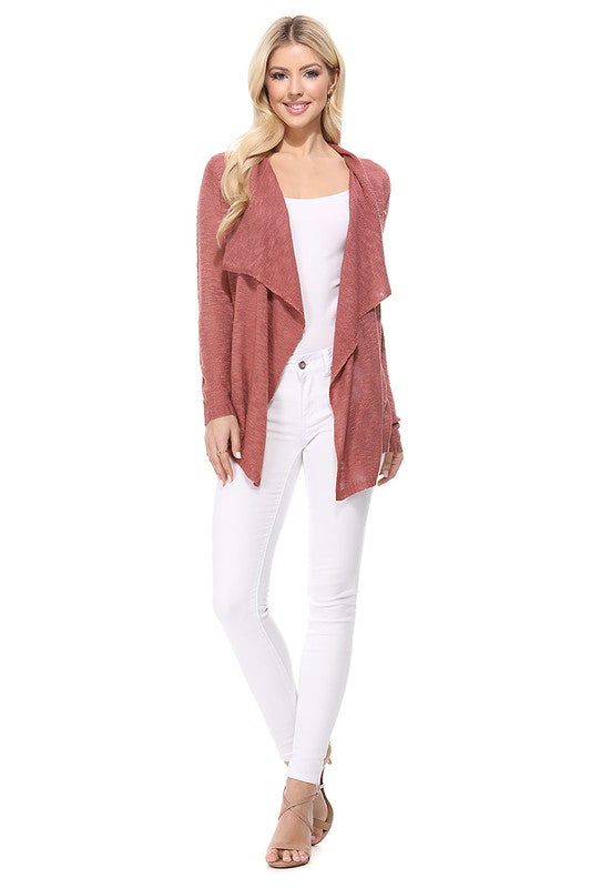 Draped Collar, Drape Front Sweater Cardigan- Length: 26-27"- Across Shoulder: 13-14"- Sleeve Length: 23.25-23.75"- Draped Collar and Open Front Sweater Cardigan- Quality 100% Acrylic Slub Yarn- Perfect for La