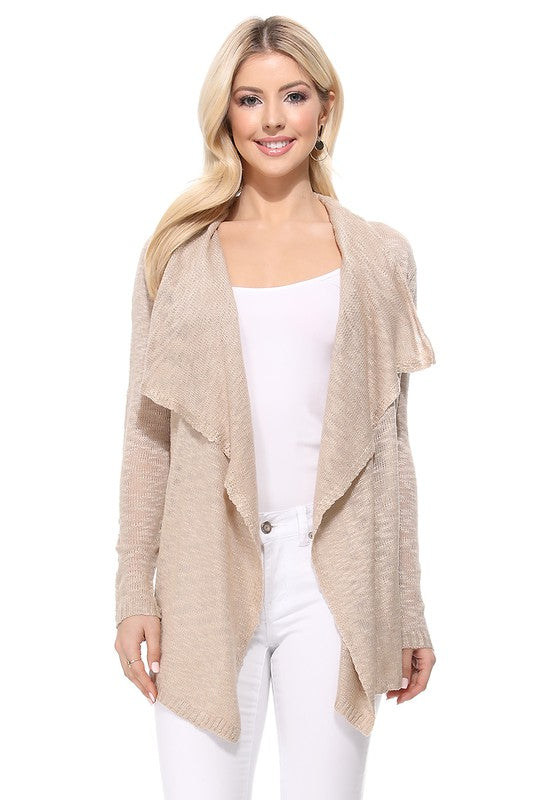 Draped Collar, Drape Front Sweater Cardigan- Length: 26-27"- Across Shoulder: 13-14"- Sleeve Length: 23.25-23.75"- Draped Collar and Open Front Sweater Cardigan- Quality 100% Acrylic Slub Yarn- Perfect for La