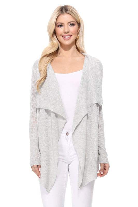 Draped Collar, Drape Front Sweater Cardigan- Length: 26-27"- Across Shoulder: 13-14"- Sleeve Length: 23.25-23.75"- Draped Collar and Open Front Sweater Cardigan- Quality 100% Acrylic Slub Yarn- Perfect for La