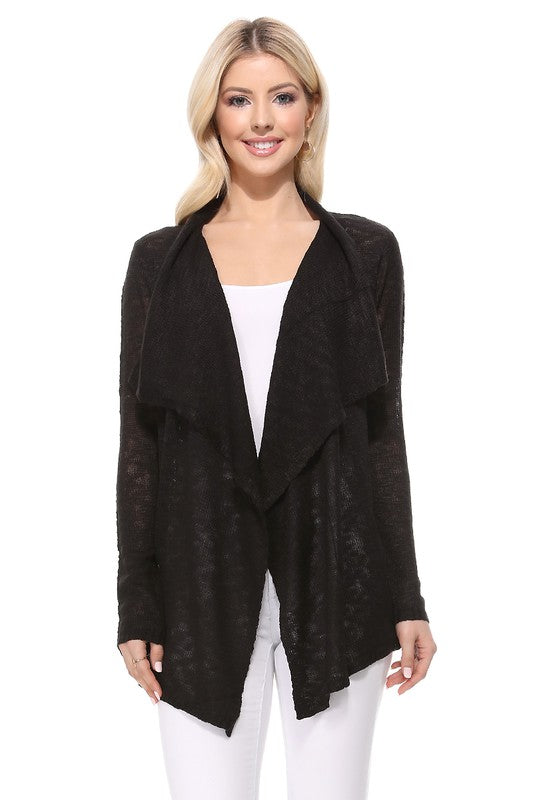 Draped Collar, Drape Front Sweater Cardigan- Length: 26-27"- Across Shoulder: 13-14"- Sleeve Length: 23.25-23.75"- Draped Collar and Open Front Sweater Cardigan- Quality 100% Acrylic Slub Yarn- Perfect for La