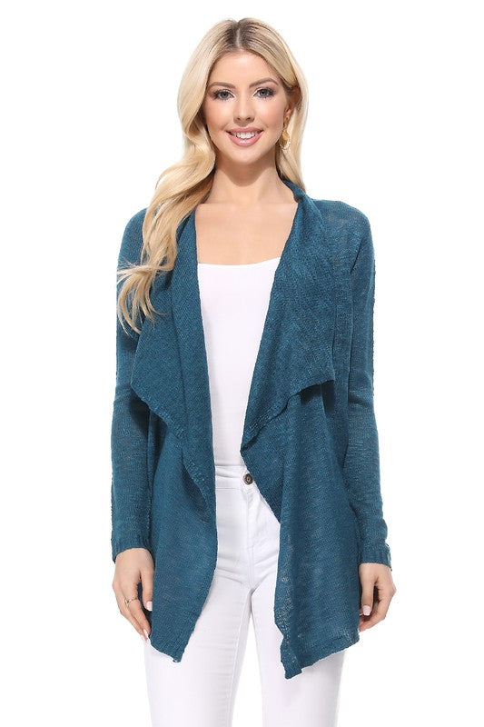 Draped Collar, Drape Front Sweater Cardigan- Length: 26-27"- Across Shoulder: 13-14"- Sleeve Length: 23.25-23.75"- Draped Collar and Open Front Sweater Cardigan- Quality 100% Acrylic Slub Yarn- Perfect for La