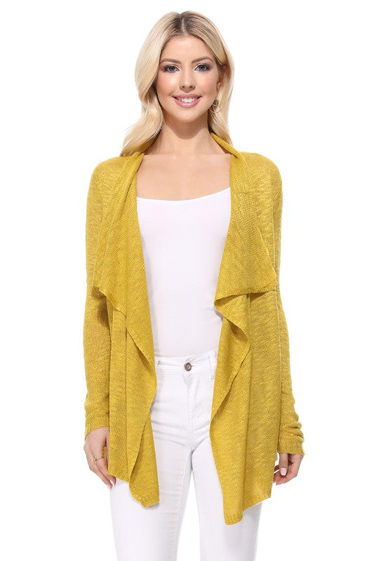 Draped Collar, Drape Front Sweater Cardigan- Length: 26-27"- Across Shoulder: 13-14"- Sleeve Length: 23.25-23.75"- Draped Collar and Open Front Sweater Cardigan- Quality 100% Acrylic Slub Yarn- Perfect for La