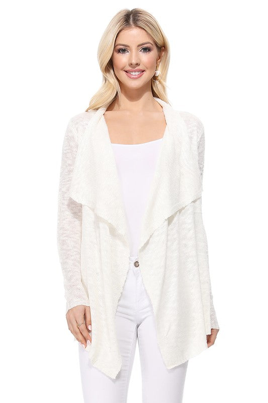 Draped Collar, Drape Front Sweater Cardigan- Length: 26-27"- Across Shoulder: 13-14"- Sleeve Length: 23.25-23.75"- Draped Collar and Open Front Sweater Cardigan- Quality 100% Acrylic Slub Yarn- Perfect for La