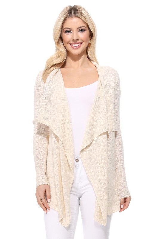 Draped Collar, Drape Front Sweater Cardigan- Length: 26-27"- Across Shoulder: 13-14"- Sleeve Length: 23.25-23.75"- Draped Collar and Open Front Sweater Cardigan- Quality 100% Acrylic Slub Yarn- Perfect for La