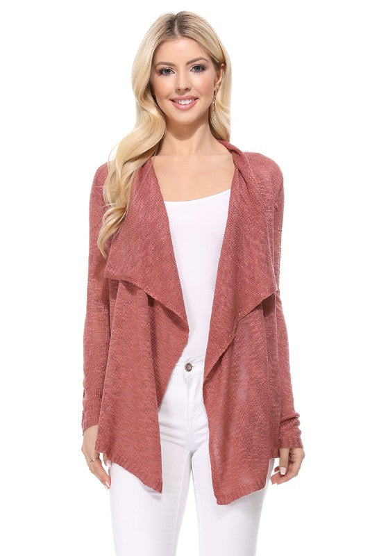 Draped Collar, Drape Front Sweater Cardigan- Length: 26-27"- Across Shoulder: 13-14"- Sleeve Length: 23.25-23.75"- Draped Collar and Open Front Sweater Cardigan- Quality 100% Acrylic Slub Yarn- Perfect for La