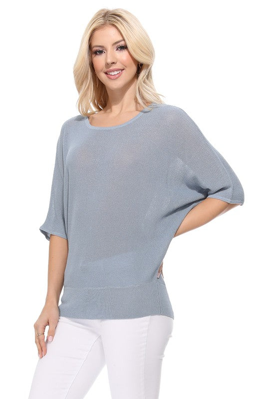 Half Dolman Sleeve Sheer Cool Knit Sweater Top- Length: 22.5-23.5"- Sleeve Length: 20.25-20.75"- Sheer, Semi See Through Loose Fit- Cool Touch, Light Weight Rayon/Nylon Blend with Stretch- Perfect for easy-going