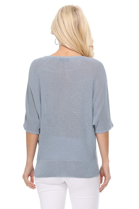 Half Dolman Sleeve Sheer Cool Knit Sweater Top- Length: 22.5-23.5"- Sleeve Length: 20.25-20.75"- Sheer, Semi See Through Loose Fit- Cool Touch, Light Weight Rayon/Nylon Blend with Stretch- Perfect for easy-going