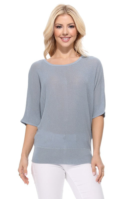 Half Dolman Sleeve Sheer Cool Knit Sweater Top- Length: 22.5-23.5"- Sleeve Length: 20.25-20.75"- Sheer, Semi See Through Loose Fit- Cool Touch, Light Weight Rayon/Nylon Blend with Stretch- Perfect for easy-going