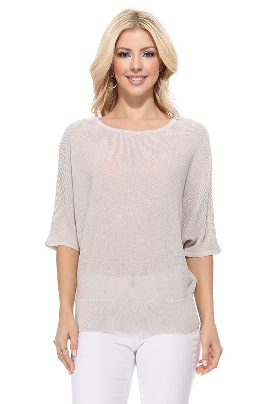 Half Dolman Sleeve Sheer Cool Knit Sweater Top- Length: 22.5-23.5"- Sleeve Length: 20.25-20.75"- Sheer, Semi See Through Loose Fit- Cool Touch, Light Weight Rayon/Nylon Blend with Stretch- Perfect for easy-going