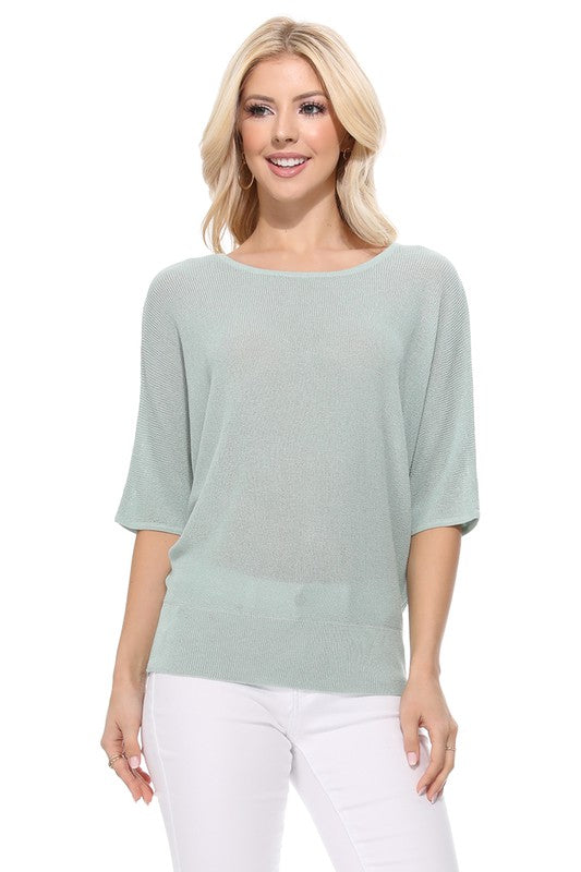 Half Dolman Sleeve Sheer Cool Knit Sweater Top- Length: 22.5-23.5"- Sleeve Length: 20.25-20.75"- Sheer, Semi See Through Loose Fit- Cool Touch, Light Weight Rayon/Nylon Blend with Stretch- Perfect for easy-going