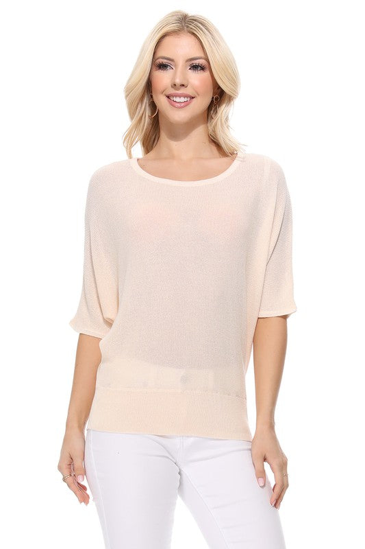 Half Dolman Sleeve Sheer Cool Knit Sweater Top- Length: 22.5-23.5"- Sleeve Length: 20.25-20.75"- Sheer, Semi See Through Loose Fit- Cool Touch, Light Weight Rayon/Nylon Blend with Stretch- Perfect for easy-going