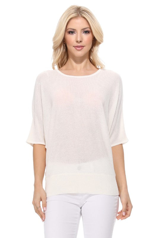 Half Dolman Sleeve Sheer Cool Knit Sweater Top- Length: 22.5-23.5"- Sleeve Length: 20.25-20.75"- Sheer, Semi See Through Loose Fit- Cool Touch, Light Weight Rayon/Nylon Blend with Stretch- Perfect for easy-going