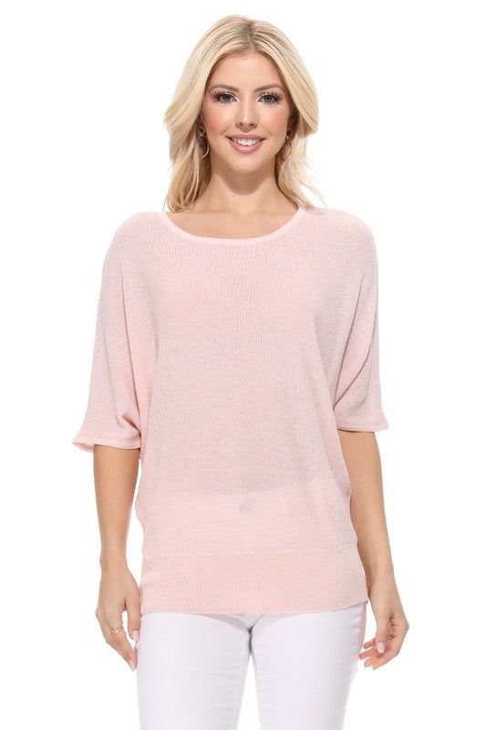 Half Dolman Sleeve Sheer Cool Knit Sweater Top- Length: 22.5-23.5"- Sleeve Length: 20.25-20.75"- Sheer, Semi See Through Loose Fit- Cool Touch, Light Weight Rayon/Nylon Blend with Stretch- Perfect for easy-going