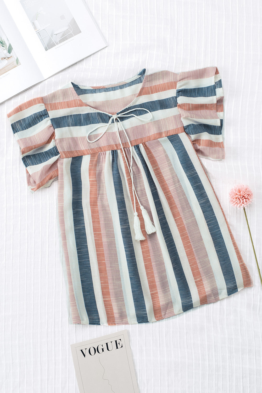 Pink and Blue Stripes Shirt Flutter Sleeve V Neck BlouseMaterial:100%Polyester


	•This simple striped print top looks very stylish and casual, and you'll get a lot of compliments wearing it 


	•Drawstring neckline 