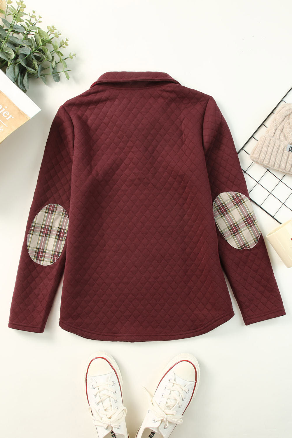 Red Plaid Geometric Texture Trim Button Neck Sweatshirt