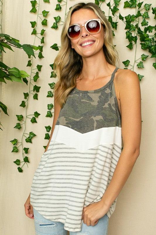 STRIPE CAMO MIX HALTER TOPSTRIPE SOLID CAMOUFLAGE PRINT JERSEY MIXED ROUND NECK HALTER TOP- MADE IN U.S.A.
Style: Casual
Print / Pattern: STRIPE SOLID CAMOUFLAGE
Fit: Loose
Neck Line: ROUND N