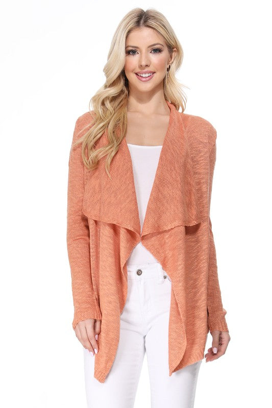 Draped Collar, Drape Front Sweater Cardigan- Length: 26-27"- Across Shoulder: 13-14"- Sleeve Length: 23.25-23.75"- Draped Collar and Open Front Sweater Cardigan- Quality 100% Acrylic Slub Yarn- Perfect for La