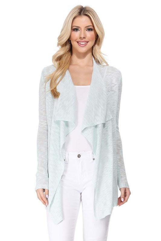 Draped Collar, Drape Front Sweater Cardigan- Length: 26-27"- Across Shoulder: 13-14"- Sleeve Length: 23.25-23.75"- Draped Collar and Open Front Sweater Cardigan- Quality 100% Acrylic Slub Yarn- Perfect for La