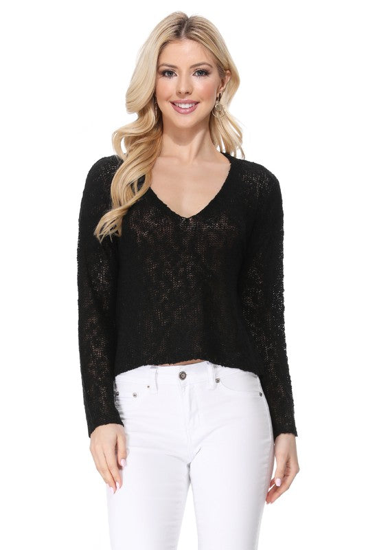 V Neck Drop Shoulder Slub Knit Crop Sweater Top- 18-19" Length Crop Top- Thin See-Through Acrylic Slub Yarn SS Sweater Knit Top- Off Shoulder Look with Wide V Neck - Versatile and Perfect for Any Occasion: School