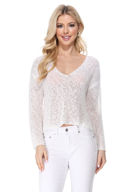 V Neck Drop Shoulder Slub Knit Crop Sweater Top- 18-19" Length Crop Top- Thin See-Through Acrylic Slub Yarn SS Sweater Knit Top- Off Shoulder Look with Wide V Neck - Versatile and Perfect for Any Occasion: School