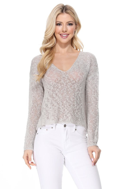 V Neck Drop Shoulder Slub Knit Crop Sweater Top- 18-19" Length Crop Top- Thin See-Through Acrylic Slub Yarn SS Sweater Knit Top- Off Shoulder Look with Wide V Neck - Versatile and Perfect for Any Occasion: School