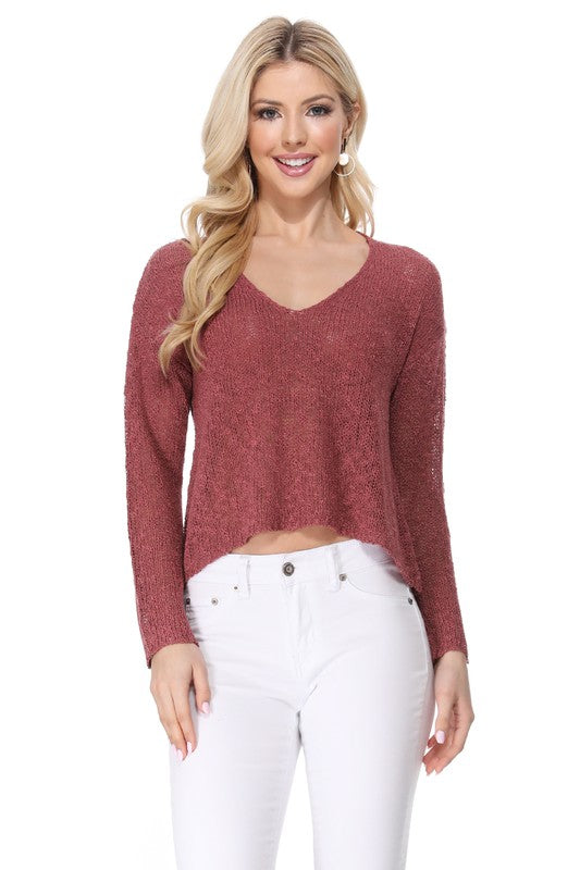 V Neck Drop Shoulder Slub Knit Crop Sweater Top- 18-19" Length Crop Top- Thin See-Through Acrylic Slub Yarn SS Sweater Knit Top- Off Shoulder Look with Wide V Neck - Versatile and Perfect for Any Occasion: School