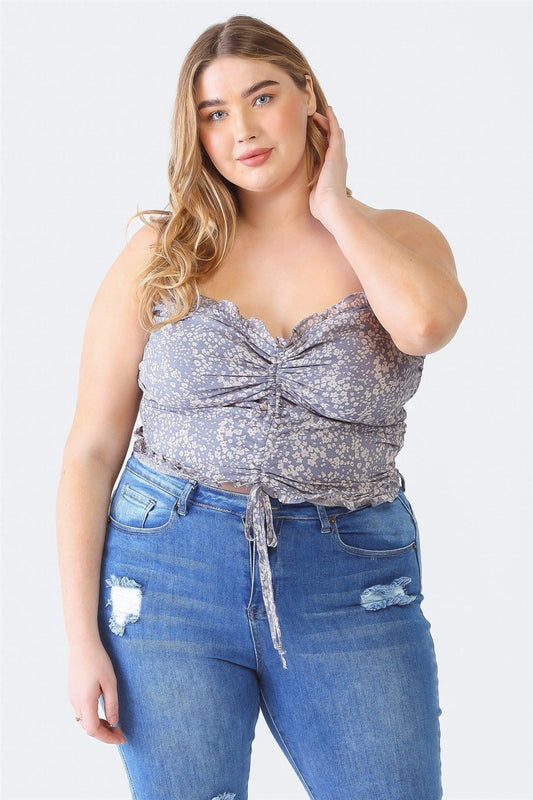 Zenobia Plus Size Drawstring Smocked Floral Tube TopThis drawstring smocked floral tube top is a feminine and summery addition to your wardrobe. The floral print adds a touch of freshness and charm, perfect for a casu