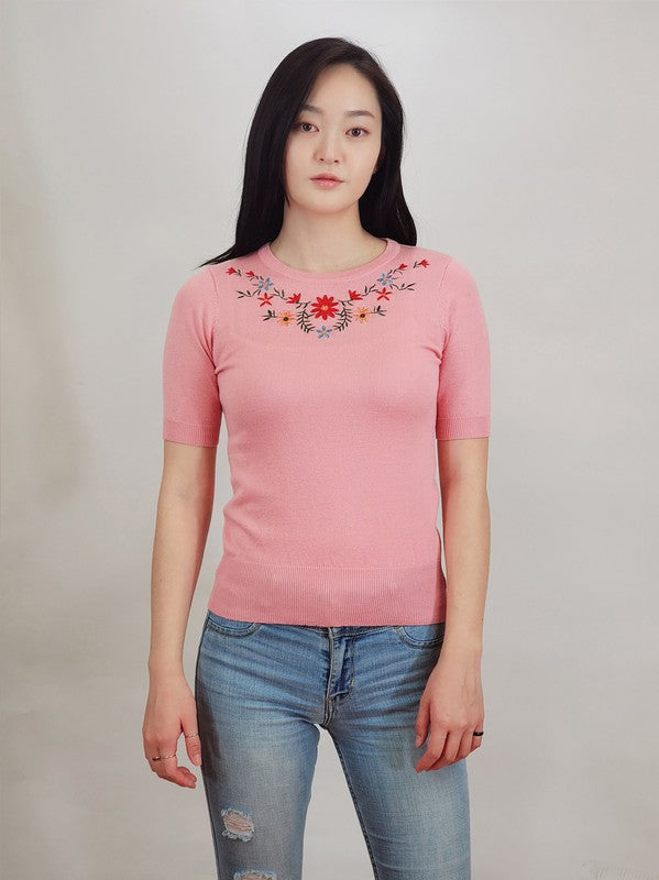 Daisy Flower Embroidered Knit Pullover Sweater- 21"-22" Length, 1/2 Sleeves, Slim-Fit, Colorful, Boutique, Daisy Flower Embroidered, Knit Pullover Sweater.- Various Vivid Color Choices with Sizes: Small, Medium,