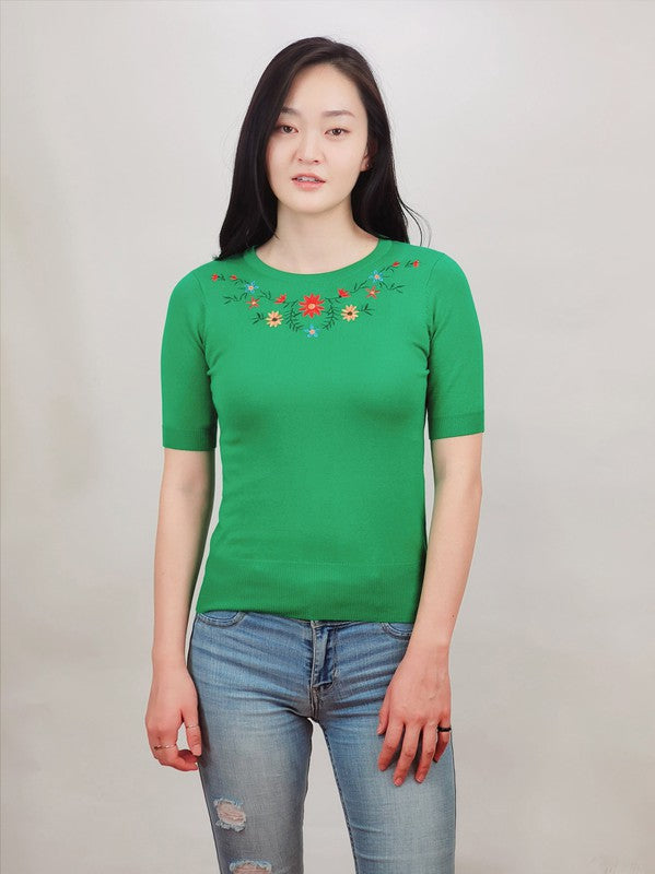 Daisy Flower Embroidered Knit Pullover Sweater- 21"-22" Length, 1/2 Sleeves, Slim-Fit, Colorful, Boutique, Daisy Flower Embroidered, Knit Pullover Sweater.- Various Vivid Color Choices with Sizes: Small, Medium,