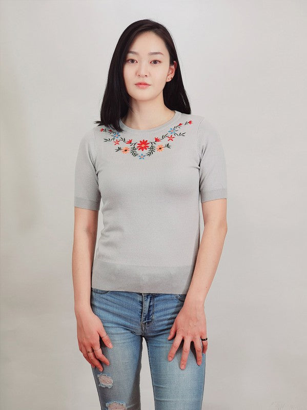 Daisy Flower Embroidered Knit Pullover Sweater- 21"-22" Length, 1/2 Sleeves, Slim-Fit, Colorful, Boutique, Daisy Flower Embroidered, Knit Pullover Sweater.- Various Vivid Color Choices with Sizes: Small, Medium,