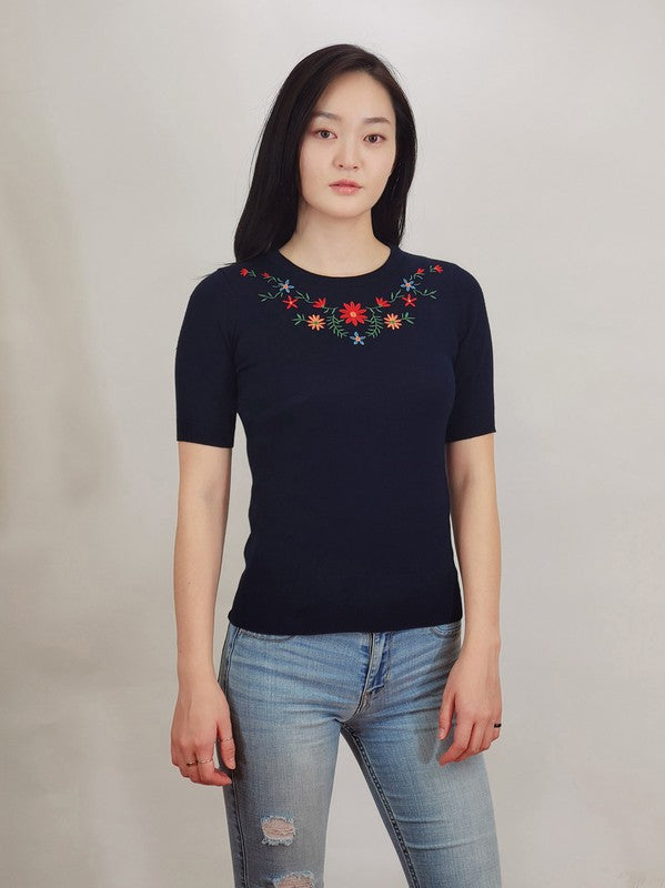 Daisy Flower Embroidered Knit Pullover Sweater- 21"-22" Length, 1/2 Sleeves, Slim-Fit, Colorful, Boutique, Daisy Flower Embroidered, Knit Pullover Sweater.- Various Vivid Color Choices with Sizes: Small, Medium,