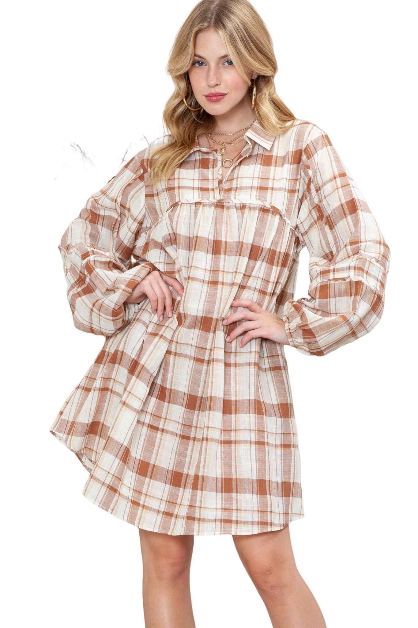 Brown Collared Long Sleeve Plaid Dress with PocketsMaterial:100%Polyester



		• Made from high-quality materials, this dress is both comfortable and durable, ensuring that it will last for many years to come.
	
