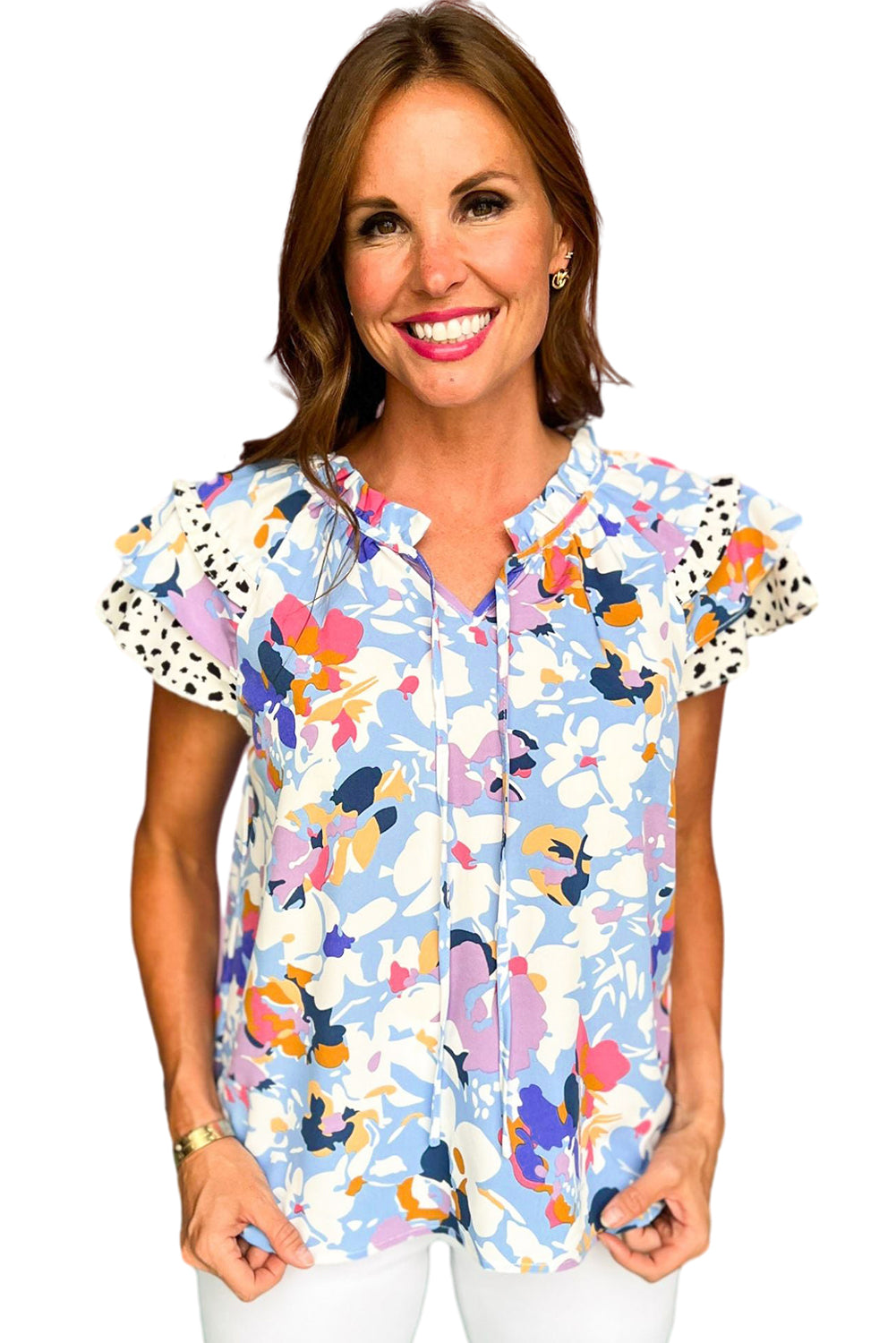 Light Blue Floral Print Ruffle Flutter Sleeve V Neck BlouseMaterial:100%Polyester



		Blouse with vibrant and bold floral print a pretty outlook
	
	
		Feminine ruffled flutter sleeves add a touch of elegance
	
	
		V