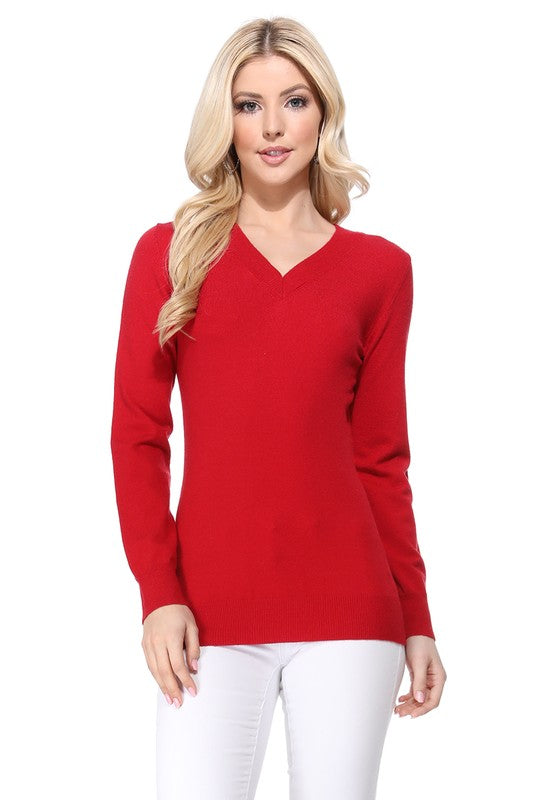 Women's Long Sleeve V-Neck Pulll Over Sweater Top- 25"-26.5" Length, V-Neck, Long Sleeve, Casual, Basic, and Classic Viscose Knitted Pullover Sweater- Lightweight Knit Pullover Sweater with High Quality Soft Viscos