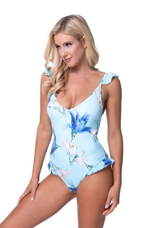 BLUE FLORAL RUFFLE TRIM ONE PIECE SWIMWEARBright blue floral one piece style with ruffle-trimmed shoulder straps, removable pads, ties at back, and flounces at leg opening sides. Soft microfiber material.
Pr