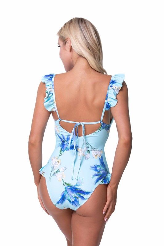 BLUE FLORAL RUFFLE TRIM ONE PIECE SWIMWEARBright blue floral one piece style with ruffle-trimmed shoulder straps, removable pads, ties at back, and flounces at leg opening sides. Soft microfiber material.
Pr