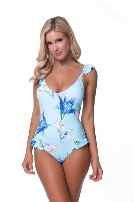 BLUE FLORAL RUFFLE TRIM ONE PIECE SWIMWEARBright blue floral one piece style with ruffle-trimmed shoulder straps, removable pads, ties at back, and flounces at leg opening sides. Soft microfiber material.
Pr