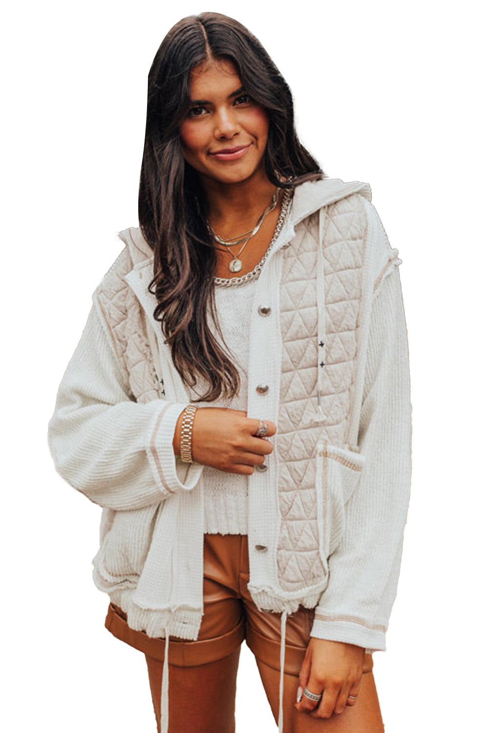 Jungle Green Quilted Textured Patchwork Hooded JacketMaterial:95%Polyester+5%Elastane

• Crafted in a soothing beige hue, this hooded jacket exudes casual charm, perfect for everyday wear.
• Featuring intricate patch