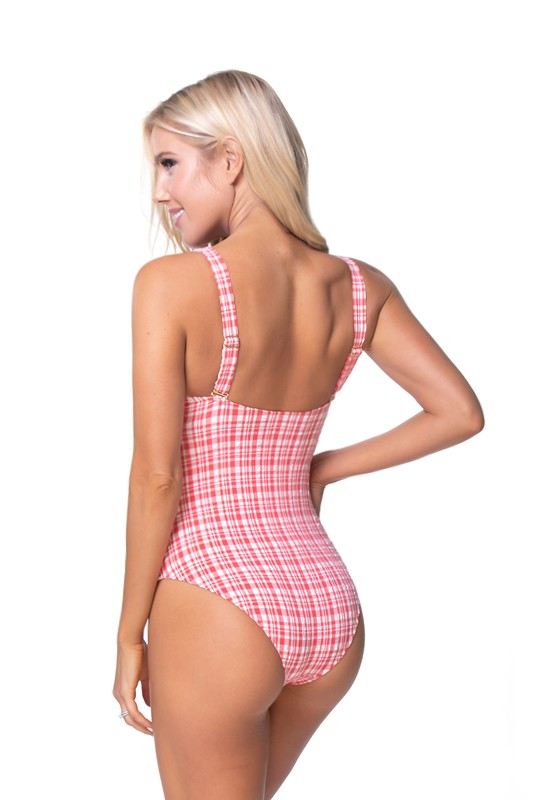 TEEXTURED PLAID CUTOUT ONE PIECE SWIMSUITTextured red plaid one piece with front tie and cut out details. Adjustable shoulder straps, removable padding, moderate to full coverage bottom.
Print / Pattern: pl