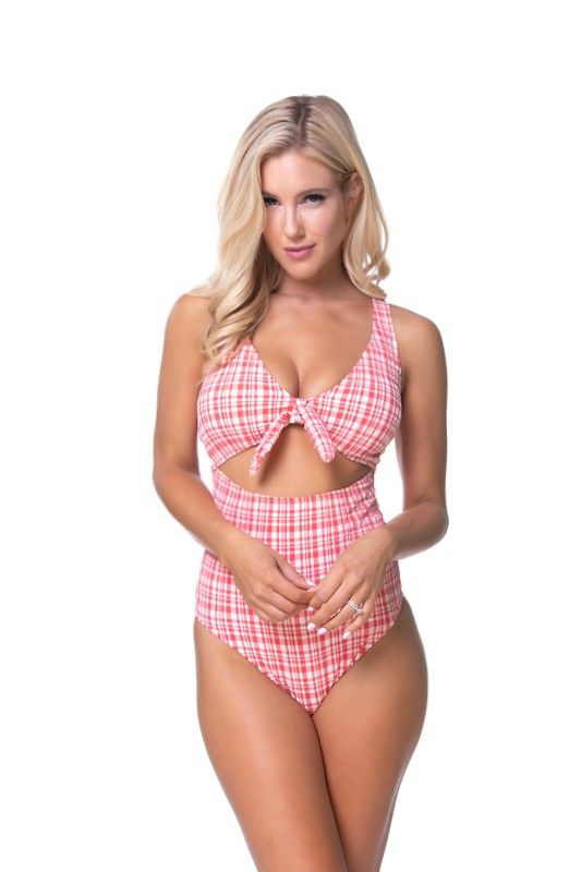 TEEXTURED PLAID CUTOUT ONE PIECE SWIMSUITTextured red plaid one piece with front tie and cut out details. Adjustable shoulder straps, removable padding, moderate to full coverage bottom.
Print / Pattern: pl