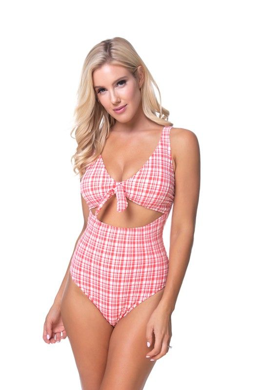 TEEXTURED PLAID CUTOUT ONE PIECE SWIMSUITTextured red plaid one piece with front tie and cut out details. Adjustable shoulder straps, removable padding, moderate to full coverage bottom.
Print / Pattern: pl