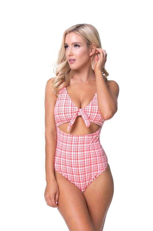 TEEXTURED PLAID CUTOUT ONE PIECE SWIMSUITTextured red plaid one piece with front tie and cut out details. Adjustable shoulder straps, removable padding, moderate to full coverage bottom.
Print / Pattern: pl