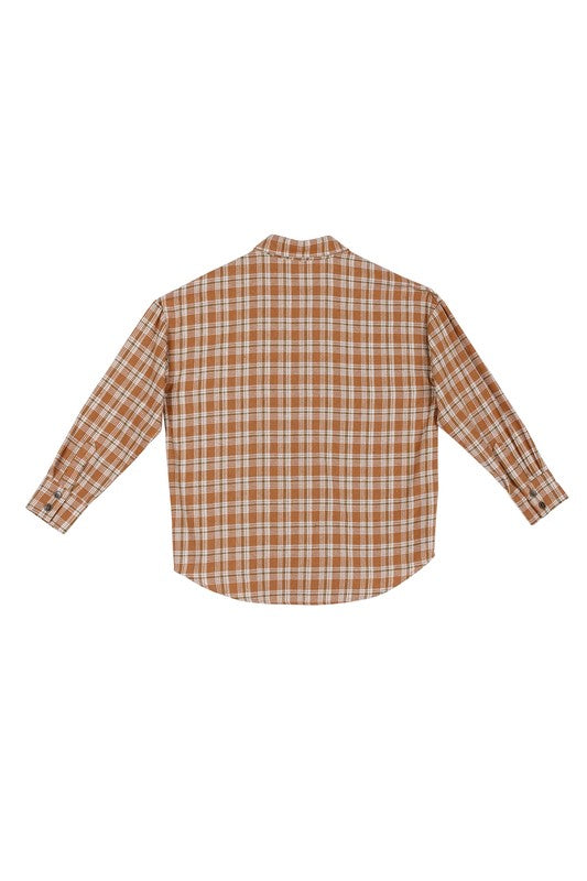 Autumn beige plaid shirts- Autumn beige plaid shirts, 7 buttons at center front and 2 buttons at each cuff, 1 pocket at left chest, shirt tail- Pattern type : plaid- Neck line : shirt collar