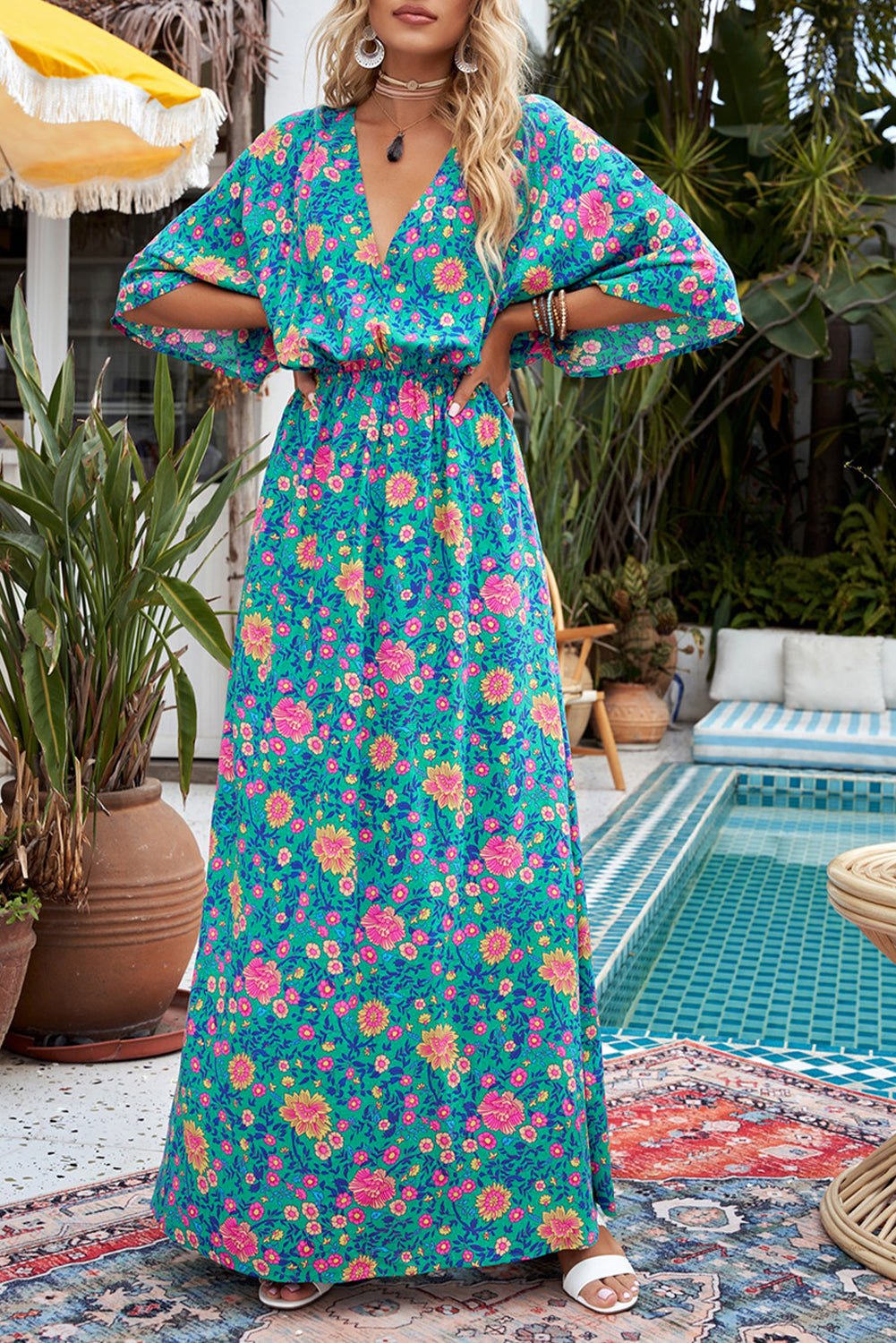 Floral Print Deep V Neck Flutter Sleeve Boho Maxi Dress