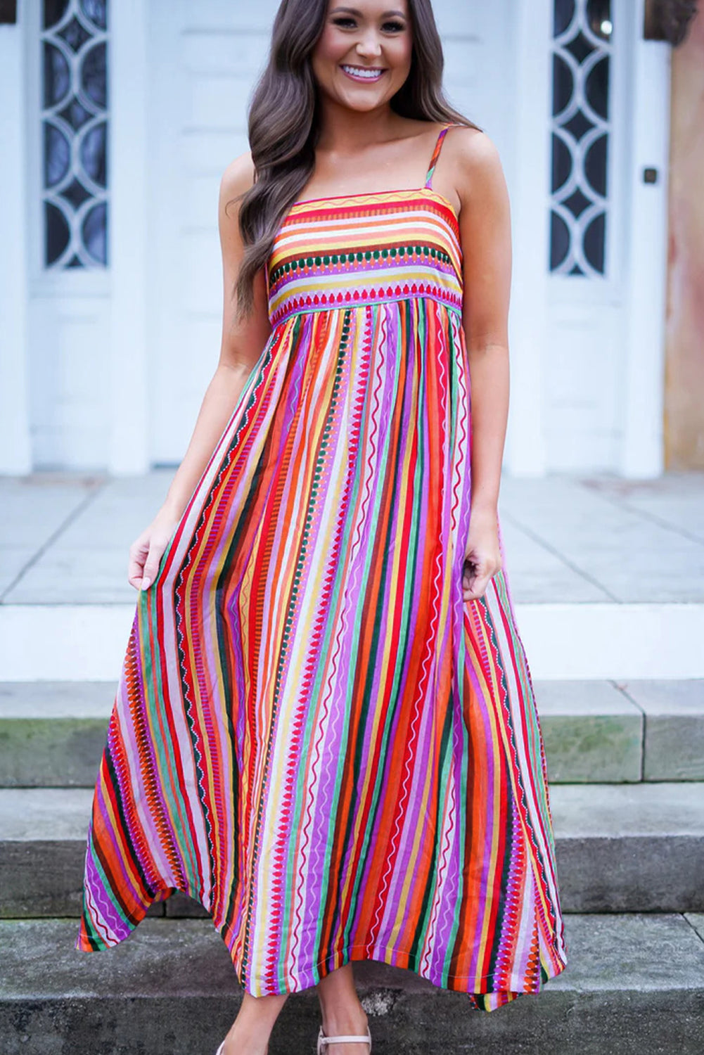 Multicolour Boho Striped Spaghetti Strap Smocked Back Maxi DressMaterial:100%Polyester

• Embrace a vibrant blend of colors in this maxi dress, perfect for daily wear with its relaxed, sleeveless design.
• The shirred back ensu