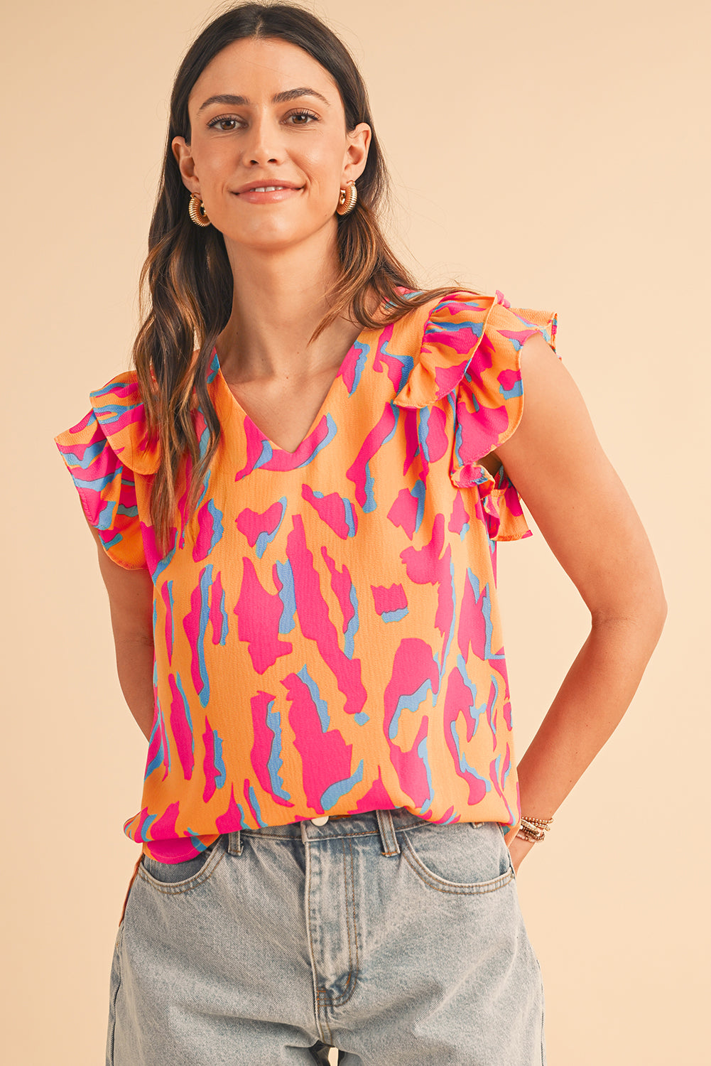 Orange Abstract Print V Neck Ruffled Sleeve Blouse