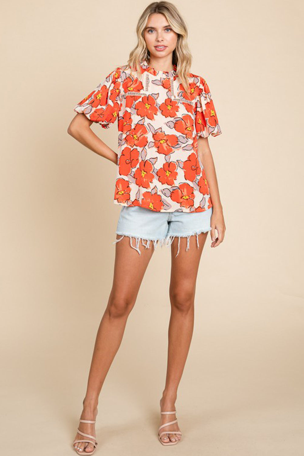 Orange Boho Floral Bubble Sleeve Frill Neck BlouseMaterial:100%Polyester



		The blouse features a beautiful floral print, adding a touch of nature and vibrancy to your outfit. 
	
	
		The bubble sleeves create